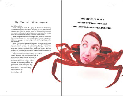 Dear Office-Politics spread featuring the office crab by Franke James, MFA.;